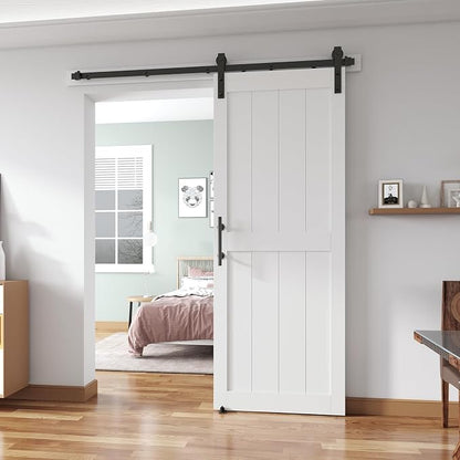 32''x96'' Sliding Barn Door with 6 Ft Barn Door Hardware Kit | Pre-Drilled Holes Easy Assembly - Include Installation Manual, Water-Proof PVC Surface, H-Frame, White
