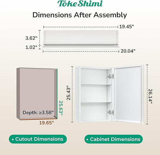 TokeShimi 20 x 26 Medicine Cabinet for Bathroom, Assembly Required, White Recessed Medicine Cabinet with Mirror, Stepless Adjustable Shelves, Beveled Aluminum Frame, DTC Hinge