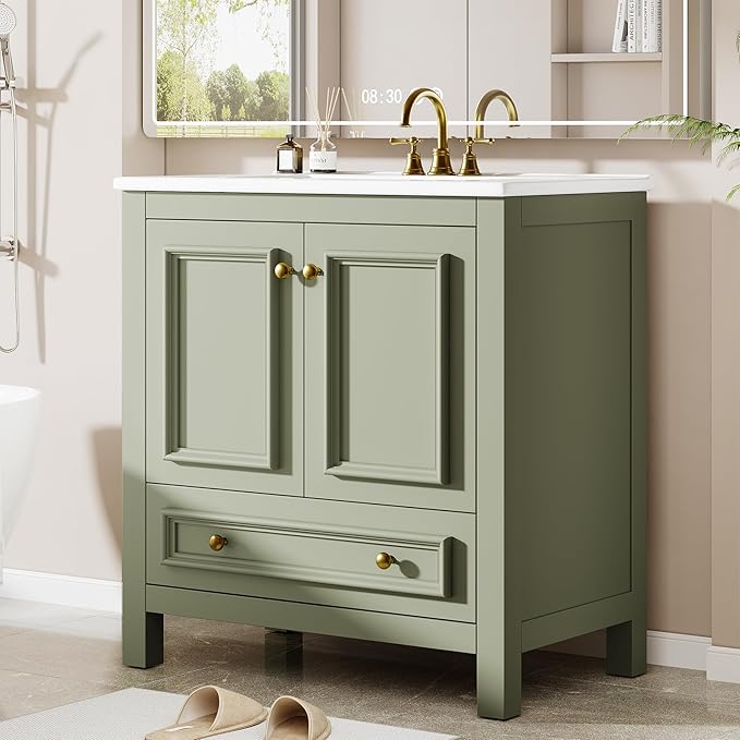Tribesigns 30" Modern Bathroom Vanity with Sink, Freestanding Bathroom Vanities Cabinet with Ceramic Basin Combo, Bathroom Sink Cabinet with 2 Doors and 1 Drawer, Solid Wooden Frame, Olive Green