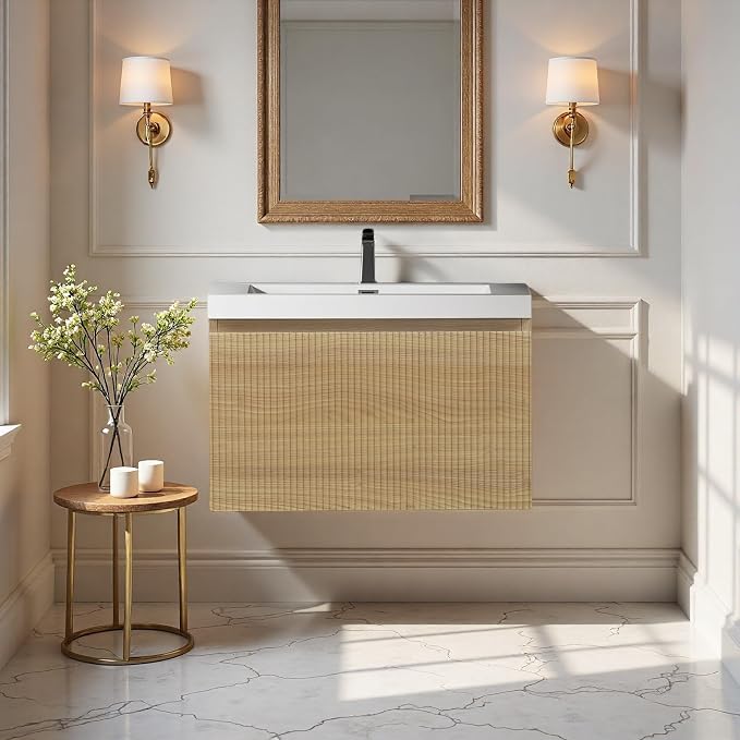 24'' Floating Bathroom Vanity with Sink, Wall-Mounted Bathroom Storage Cabinet with Soft-Close Striped Drawer & Solid Surface Basin, Modern Natural Oak Body with Internal Handle, Wood
