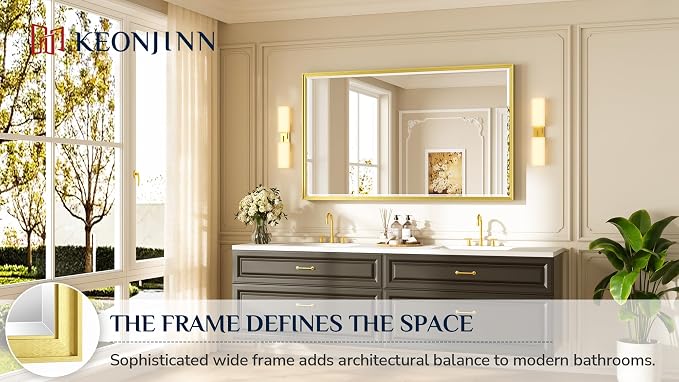Keonjinn 60" x 36" Gold Bathroom Mirrors, Secure French Cleat Installation | Tempered Glass with Beveled Edge, Aluminum Alloy Frame, Anti-Rust, Large, Brushed Gold Bathroom Vanity Mirror for Wall