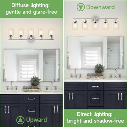 5-Light Bathroom Light Fixtures, Modern Chrome Vanity Lights for Bathroom with Clear Glass Shade, Wall Lamps for Mirror Hallway Kitchen Cabinet Living Room Sconces Lights