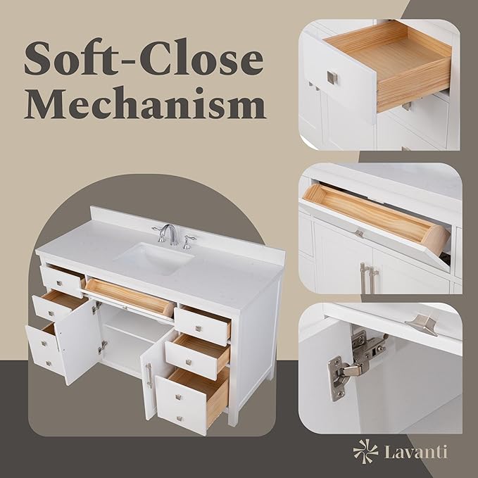 Lavanti Oakford 60 Inch Bathroom Vanity with Sink – Stylish White Vanity Bathroom with Storage Cabinet – Modern Bathroom Vanities with Single Vanity Sink & Quartz Countertop