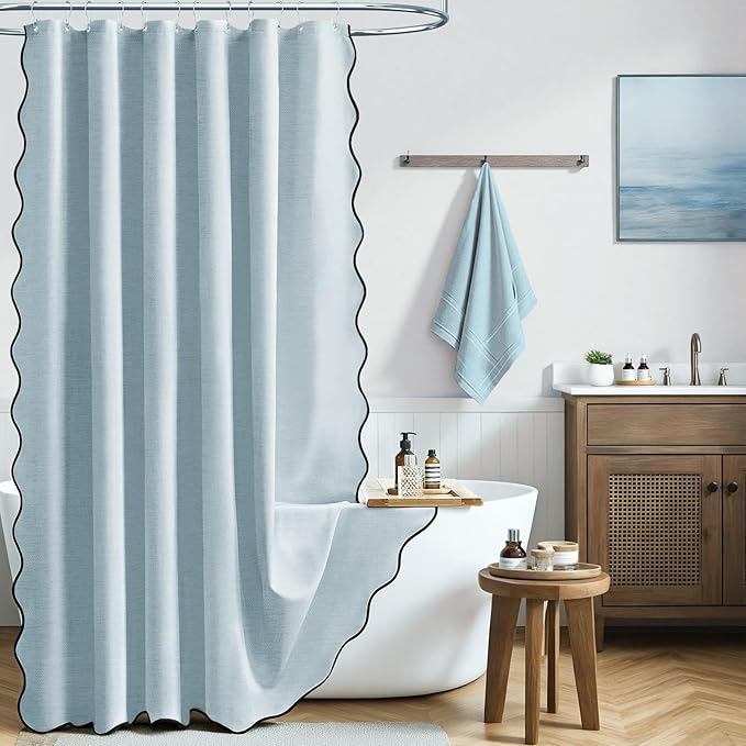 BTTN 80 Inch Shower Curtain, Long Scalloped Boho Linen Textured Heavy Duty Fabric Shower Curtain Set with 12 Hooks, Tall Modern Farmhouse Rustic Waterproof Shower Curtains for Bathtub, 72x80, Fog Blue