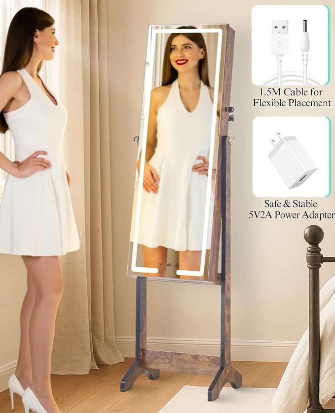 LUXFURNI Standing Jewelry Armoire Cabinet with Full‑Length Mirror Storage | 3‑Color LED Lights, 3 Brush Holders, 3 Adjustable Tilt Angles, True‑to‑View Glass, USB‑Powered Supply, Lockable Design