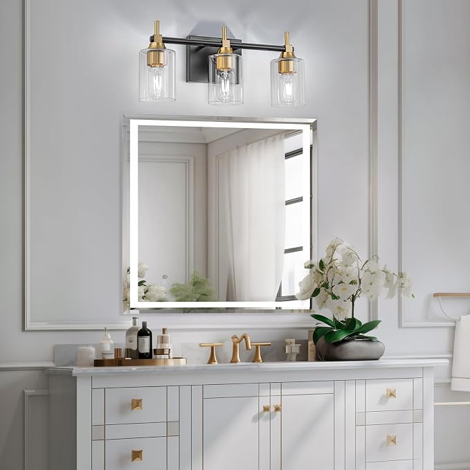 3-Light Modern Bathroom Vanity Light,Black and Gold Light Fixtures for Bathroom,Modern Wall Light Over Mirror with Glass E26 Socket (Bulbs Not Included)