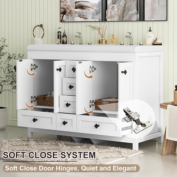 48" Bathroom Vanities with Sink Combo, Modern Double Bathroom Vanity with 4 Doors & 5 Drawers, Freestanding White Bathroom Cabinet with Double Ceramic Sink, White