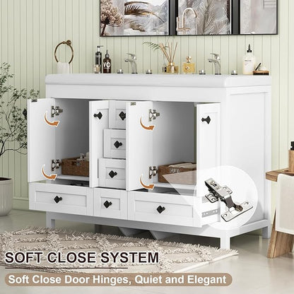 48" Bathroom Vanities with Sink Combo, Modern Double Bathroom Vanity with 4 Doors & 5 Drawers, Freestanding White Bathroom Cabinet with Double Ceramic Sink, White