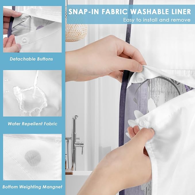 No Hook Shower Curtain with Snap in Liner 54x80 Inch Flower Daisy | Purple Wooden Boards Modern Double Layers Waterproof Fabric with See Through Top Window Open Grommet Bath Curtain