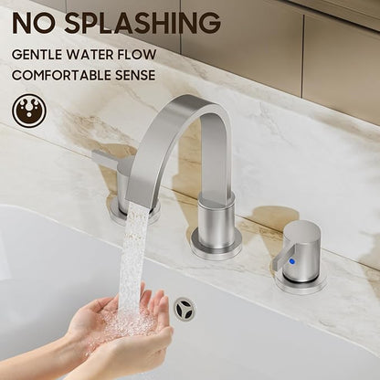 Phiestina 8 Inch Brushed Nickel Waterfall 2-Handle 3-Hole Widespread Bathroom Faucet with Pop-up Drain and Valve, WF40-1-BN