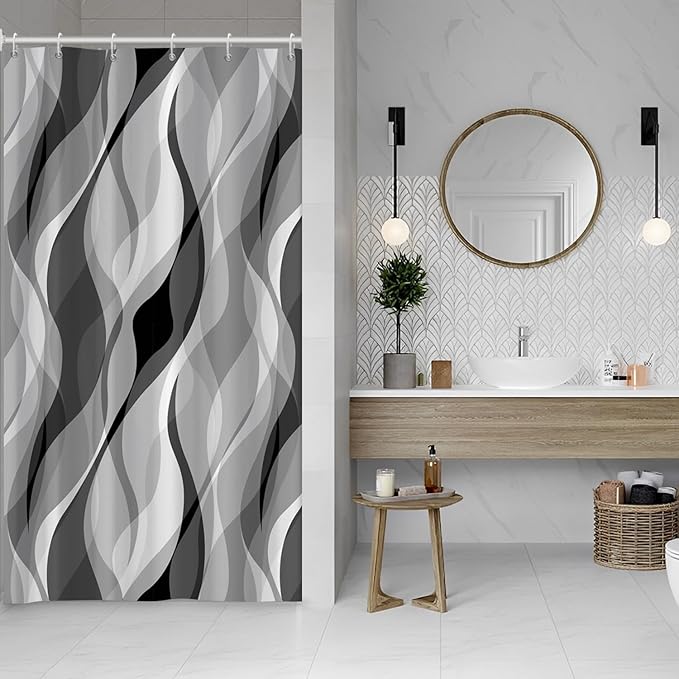 Grey Shower Curtain, Modern Abstract Black and Grey Striped Shower Curtain Set for Bathroom Waterproof White Gray Shower Curtain with Hooks, 48x72 Inch