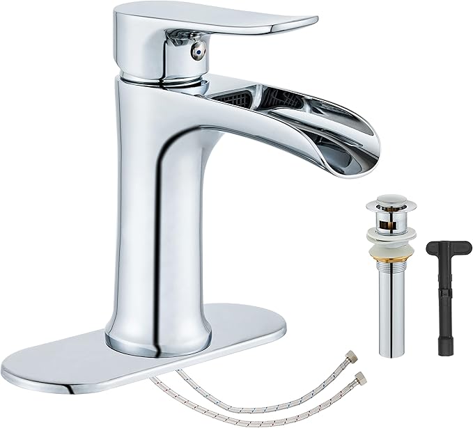 Chrome Bathroom Faucet Yundoom Waterfall Single Hole Single Handle Bathroom Sink Faucet with Pop Up Drain bath06