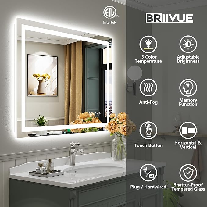 48x40 Inch LED Bathroom Mirror with Lights, Backlit & Front Lit, Anti-Fog Lighted Bathroom Vanity Mirror for Wall, Memory Function, Dimmable, HD Tempered Glass, Shatter-Proof