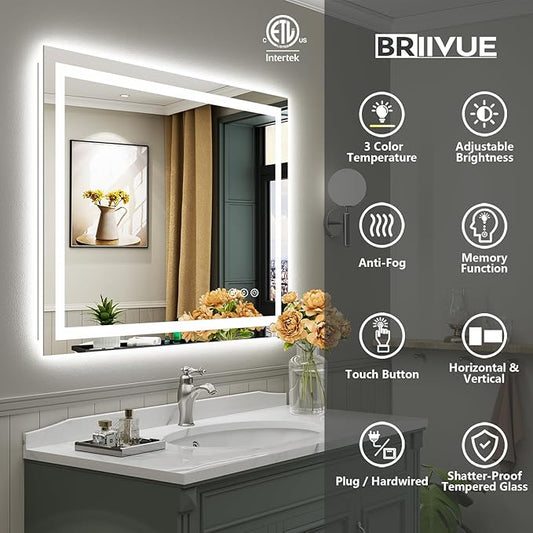 48x40 Inch LED Bathroom Mirror with Lights, Backlit & Front Lit, Anti-Fog Lighted Bathroom Vanity Mirror for Wall, Memory Function, Dimmable, HD Tempered Glass, Shatter-Proof