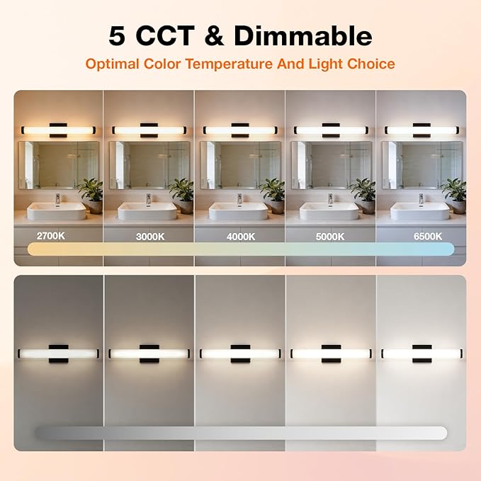 LEDVANCE Sylvania 24" Modern Vanity Lights for Bathroom, 22W, 5 Temperature Select (2700K/3000K/3500K/4000K/6000K), Dimmable, Round Shape, Black, with Accessories - 1 Pack (66557)