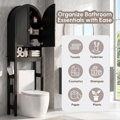 HMstone Over The Toilet Storage Cabinet, Arched Bathroom Organizer and Storage with Doors and Adjustable Shelf, Space-Saving Freestanding Bathroom Modern Storage Cabinet Over Toilet (Black)