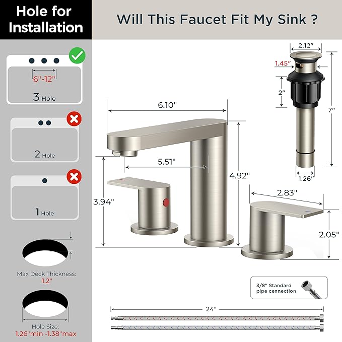 FORIOUS Brushed Nickel Bathroom Faucets 3 Hole, 8 Inch Widespread Bathroom Sink Faucet with Pop-up Drain and cUPC Supply Lines for Basin, Vanity, Laundry Room and Restroom