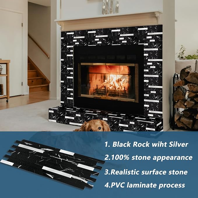 Yipscazo 2 Sheets Peel and Stick Stone Metal Backsplash Tiles, PVC Wall Tiles Stick on Backsplash for Kitchen, Bathroom (6'' X 12'', Black Rock)