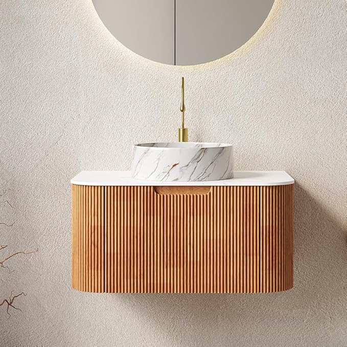 30'' Bathroom Vanities Cabinet with Sink Combo, Wall Mounted Floating Cabinet W/Curved Edges Stripes, Oak Plywood, Soft-close System with a Drawer, White Round Ceramic Basin - Kiel, Natural Wood/S