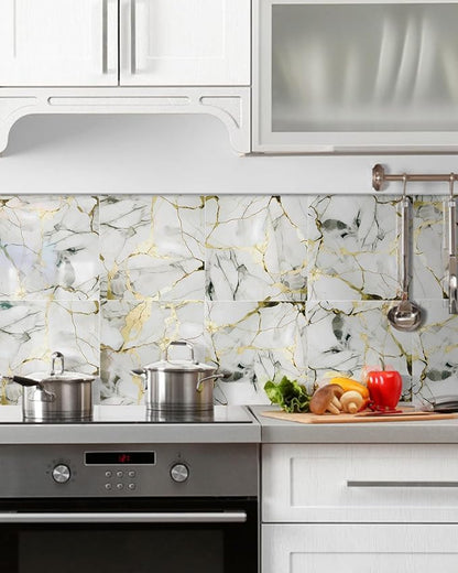 10 Sheets Marble Peel and Stick Backsplash Tile, 12"x12" Waterproof PVC Self Adhesive Tile Shower Wall Panels for Bathroom, Kitchen, Living Room (Gold White)