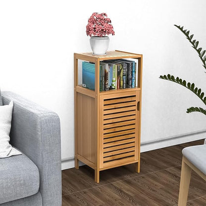 Bathroom Bamboo Storage Cabinet, Freestanding Floor Cabinet with Door and Shelf for Bathroom, Living Room, Bedroom, Hallway, Kitchen