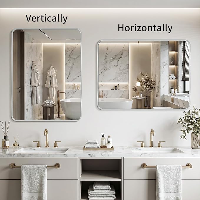 Bathroom Mirror for Wall, 30"x40" Black Bathroom Mirror for Over Sink, Shatterproof Tempered Glass Vanity Mirror with Anti-Rust Aluminum Alloy Frame, Hang Horizontally or Vertically, Silver