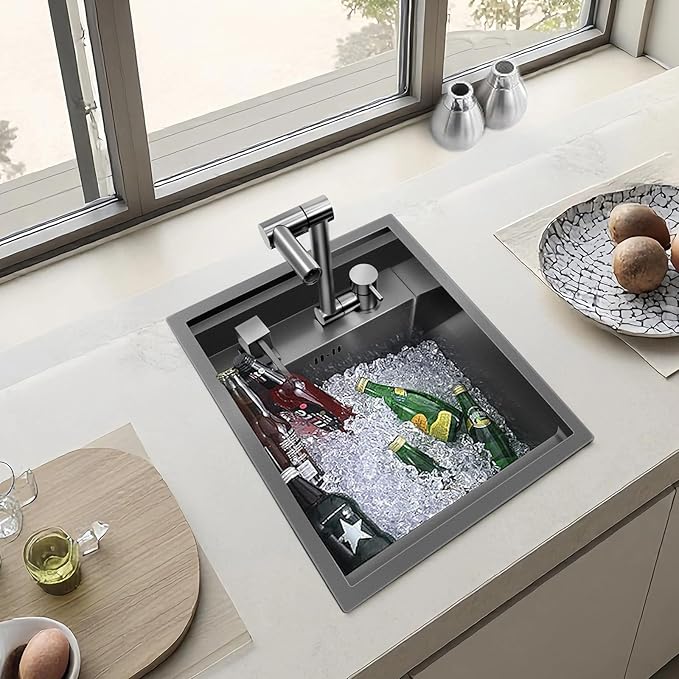 RV Sink, 17.32×14.17×7.87 Inch Black Bar Sink, Portable Small Single Bowl Multifunctional Kitchen Sink with Faucet and Stainless Steel Cover Plate
