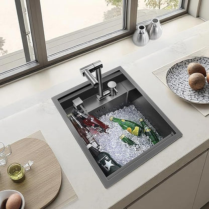 RV Sink, 17.32×14.17×7.87 Inch Black Bar Sink, Portable Small Single Bowl Multifunctional Kitchen Sink with Faucet and Stainless Steel Cover Plate