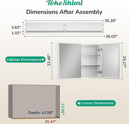 36 x 24 White Recessed Medicine Cabinet with Mirror, Assembly Required, Bathroom Medicine Cabinet with Mirror, Stepless Adjustable Shelves, Beveled Aluminum Frame, DTC Hinge