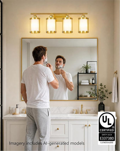 4-Light Brushed Gold Bathroom Light Fixtures with Milk White Frosted Glass, 29" UL-Listed Modern Wall Sconce Over Mirror with Metal Cage for Bath, Hardwire E26, OS-3014BGW-4W