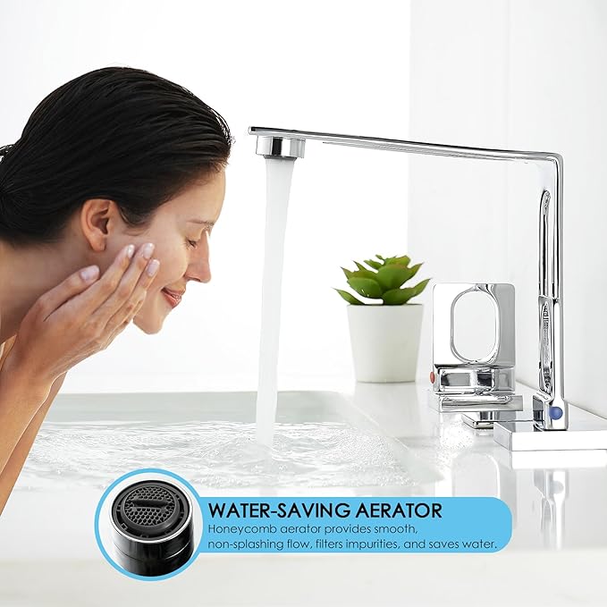 BAKALA Chrome Bathroom Faucet 3 Hole, 8 inch Widespread Bathroom Sink Faucet, 2-Handle Modern Vanity Faucet with Water Supply Lines, Hollowed Design