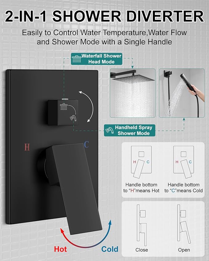 Shower Faucet Set Rainfall Shower System with Square Showerhead and Handle Set Fixture with 2 in 1 Function Handheld Sprayer Wall Mounted Trim Repair Kit Rough-in Valve 16 Inch Matte Black