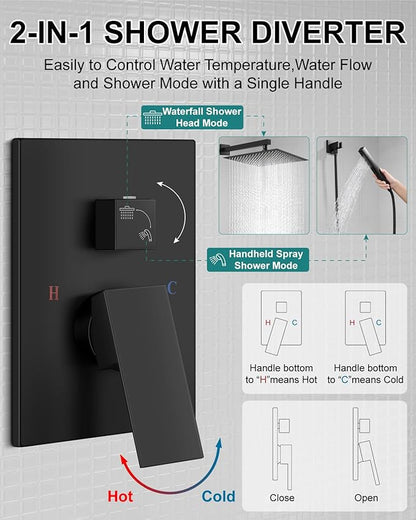 Shower Faucet Set Rainfall Shower System with Square Showerhead and Handle Set Fixture with 2 in 1 Function Handheld Sprayer Wall Mounted Trim Repair Kit Rough-in Valve 16 Inch Matte Black