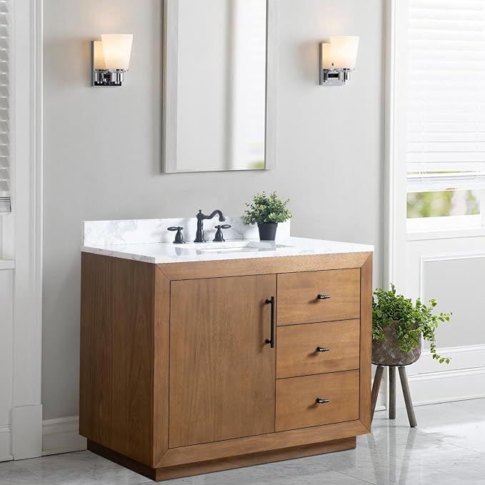 Vanity Art 42 inch Bathroom Vanity with Single Sink, Modern Wood Bath Vanity with Carrara Marble Top, Vanity Cabinet with Doors， Removable Shelf, Solid Wood Frame, Ceramic Sink, Tan, VA7042E