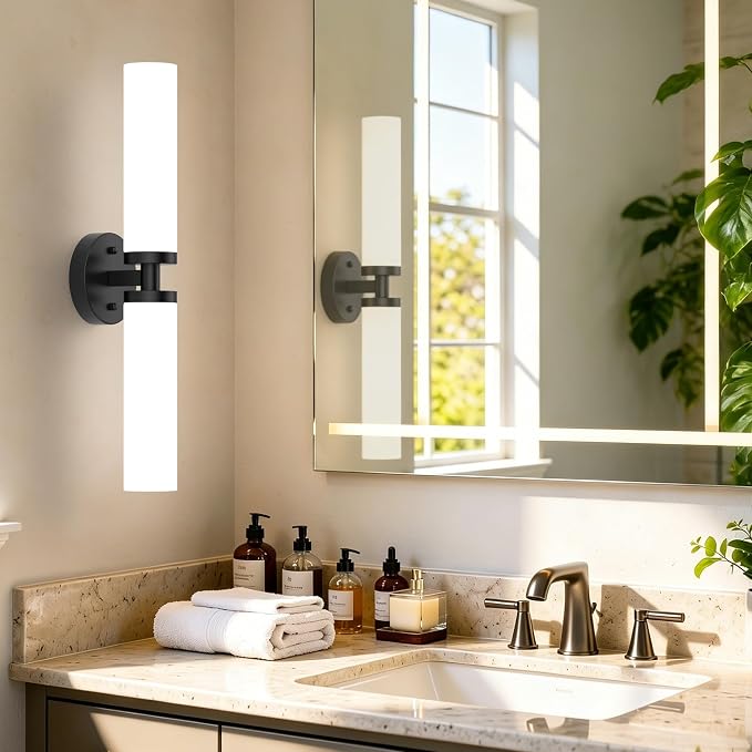 Wall Sconces Set of 2 Hardwired Bathroom Light Fixtures E26 Base | Matte Black, 22Inch, Modern Vanity Wall Lighting with Milky White Glass Shade, for Mirror Hallway Bedroom Living Room TV Wall