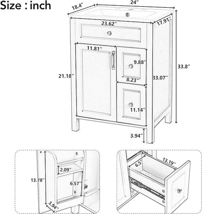 Favfurish 24" Bathroom Vanity with Ceramic Sink,Free Standing Single Basin Vanity w/Soft Close Door and Soft Closing Drawers,Wooden Bath Cabinet with Double Storage Racks on The Door,Green