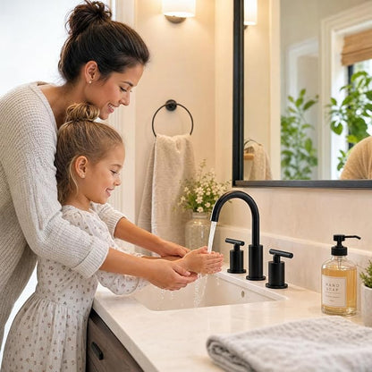 Widespread Bathroom Faucet, 2 Handle Vanity Sink Faucet Matte Black | SUS 304 Stainless Steel, 360° Swivel Spout, Pop-up Drain, Ceramic Valve, Aerated Stream, 20-Min DIY Install