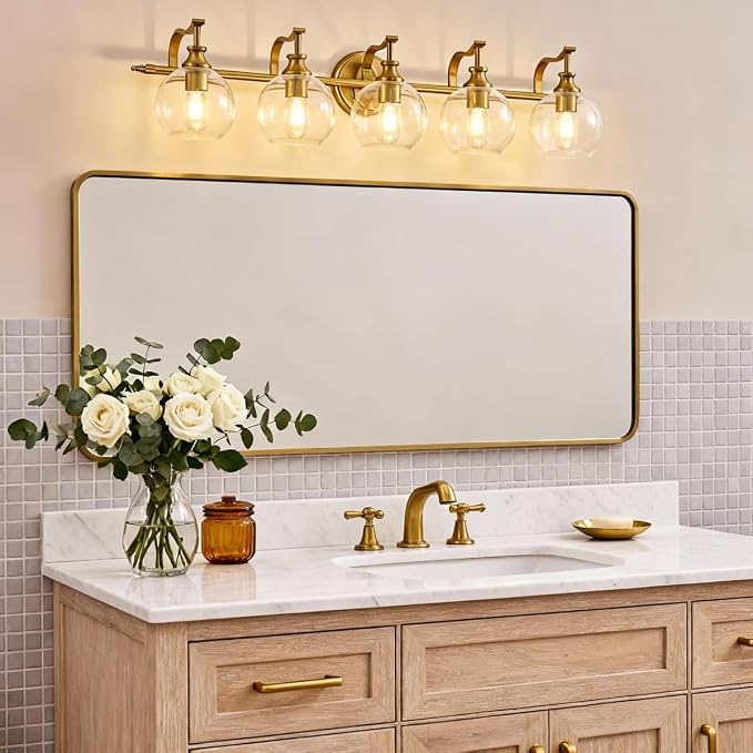 Brushed Gold Bathroom Light Fixtures, 5-Light Vanity Lights for Mirror, 35 Inch Modern Wall Sconces Lighting with Globe Clear Shade Up or Down Wall Mounted for Bedroom, Living Room, Hallway