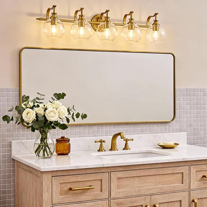 Brushed Gold Bathroom Light Fixtures, 5-Light Vanity Lights for Mirror, 35 Inch Modern Wall Sconces Lighting with Globe Clear Shade Up or Down Wall Mounted for Bedroom, Living Room, Hallway