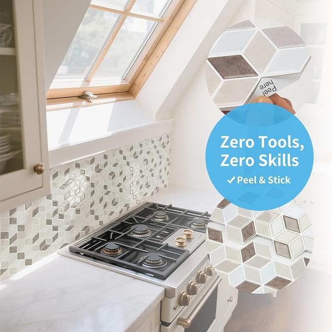 Art3d Peel and Stick Backsplash, 3D Hexagon Wall Tile, 10-Pack, Light Brown | 12 x 12 Inch, Enhanced Thickness, Water Resistant, Easy to Clean, Modern Cube Pattern, for Accent Walls, Furniture Revamps