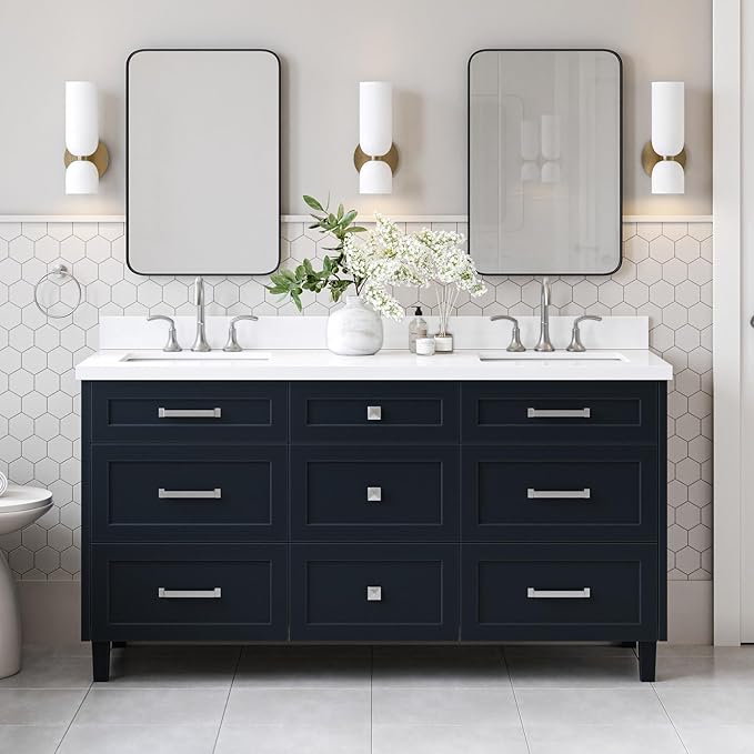 ARIEL Monroe 66-inch Bathroom Vanity with Sink,Solid Wood, 1.5-inch Pure White Quartz Countertop & Backsplash, Double Oval Porcelain Sink, 9 Dovetail Drawers, Brushed Nickel, Midnight Blue