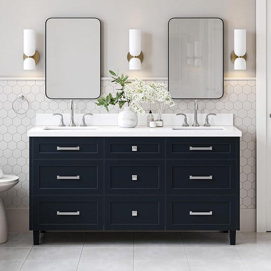 ARIEL Monroe 66-inch Bathroom Vanity with Sink,Solid Wood, 1.5-inch Pure White Quartz Countertop & Backsplash, Double Oval Porcelain Sink, 9 Dovetail Drawers, Brushed Nickel, Midnight Blue