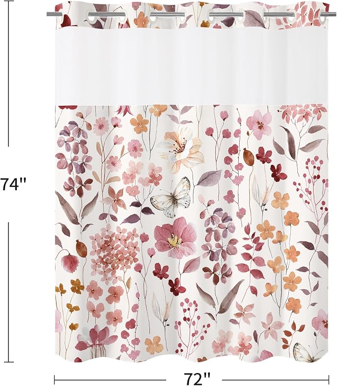 No Hook Burgundy Watercolor Floral Shower Curtain and Liner Set, 72x74 | Spring Flower Shower Curtains with Snap-in Liner for Farmhouse Bathroom Decor, Botanical Bathroom Curtain with Leaves