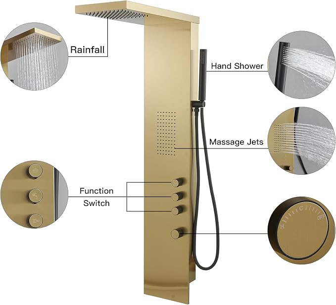 BWE 3 IN 1 Shower Panel Stainless Steel Shower Panel Tower System | Rainfall Shower Head with Handheld Shower and Rain Massage Body Jets Wall Mount Shower System,Brushed Gold