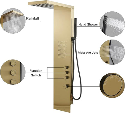 BWE 3 IN 1 Shower Panel Stainless Steel Shower Panel Tower System | Rainfall Shower Head with Handheld Shower and Rain Massage Body Jets Wall Mount Shower System,Brushed Gold