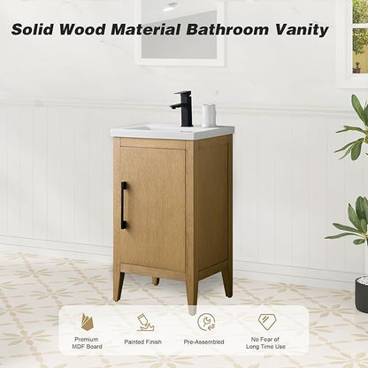 HomeBeyond 20 Inch Bathroom Vanity with Sink & Ceramic Top, Single Vanity Cabinet with Basin, Soft-Closing Doors & Matte Black Hardware, Natural Oak