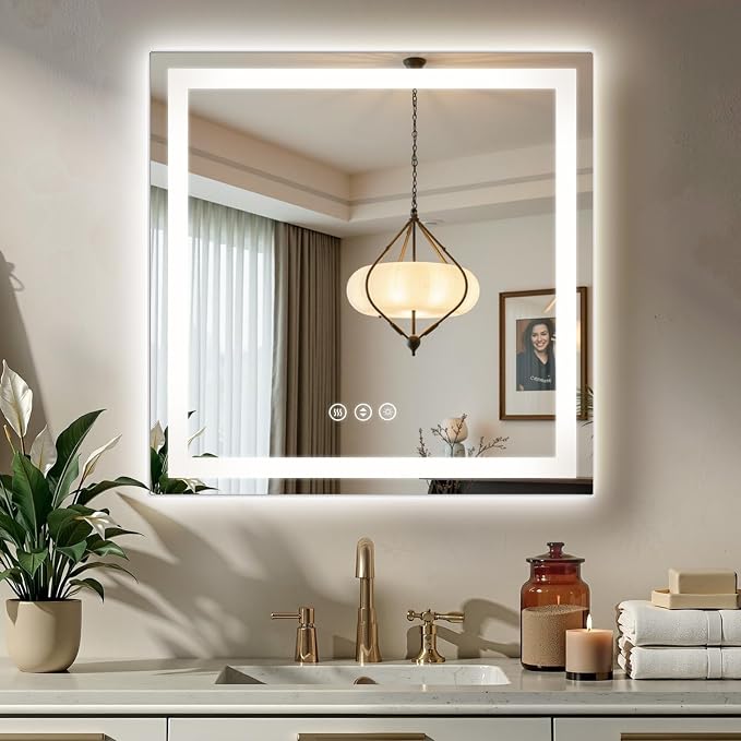 36x36 LED Bathroom Mirror with Anti-Fog, Backlit & Front Lit, Memory | Stepless Dimmable 3 Color CRI 95+ Shatterproof Tempered Glass ETL Listed for Safety Lighted Bathroom Vanity Mirror for Wall
