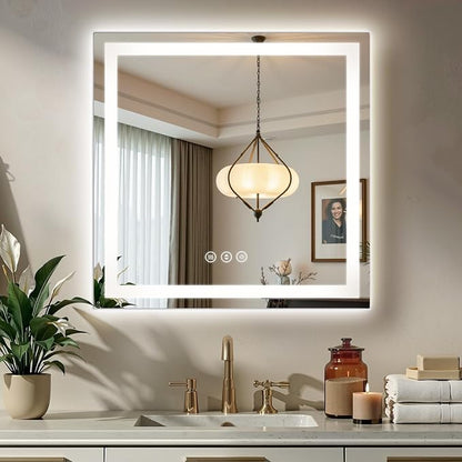 36x36 LED Bathroom Mirror with Anti-Fog, Backlit & Front Lit, Memory | Stepless Dimmable 3 Color CRI 95+ Shatterproof Tempered Glass ETL Listed for Safety Lighted Bathroom Vanity Mirror for Wall