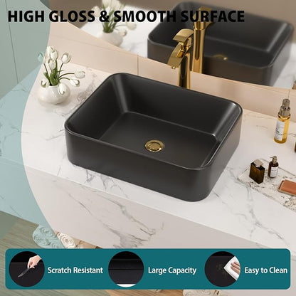 19x15 Black Topmount Vessel Bathroom Sink | black drop in dtopin top mount over counter rectangle bathroom sink
