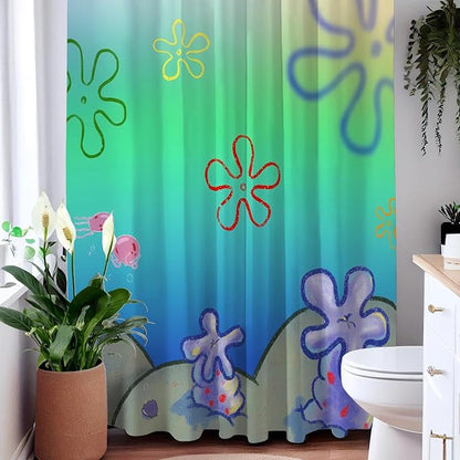 Cute Anime Cartoon Green Ocean Beach Kids Shower Curtain Set 72x78 Inches | Cute Anime Cartoon Green Ocean Beach Print, Gradient Underwater Housewarming Sea Lover Guest Kids Bathroom Decor, With Hooks